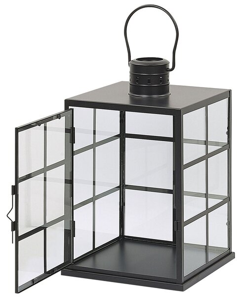 Lampáš čierny kovový 27 cm so sklenenými stenami s držiakom škandinávsky dizajn