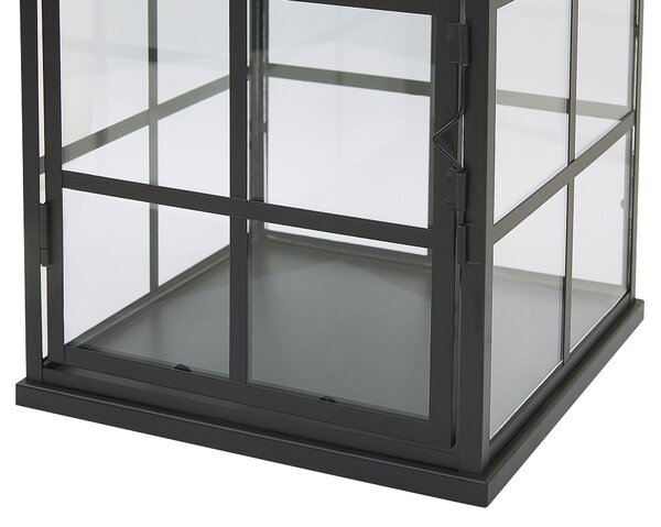 Lampáš čierny kovový 27 cm so sklenenými stenami s držiakom škandinávsky dizajn