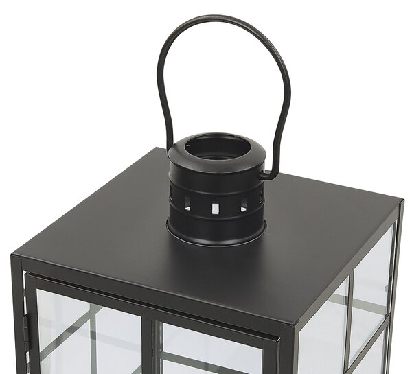 Lampáš čierny kovový 27 cm so sklenenými stenami s držiakom škandinávsky dizajn