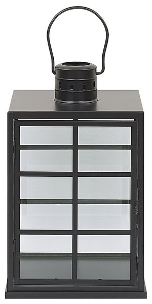 Lampáš čierny kovový 27 cm so sklenenými stenami s držiakom škandinávsky dizajn