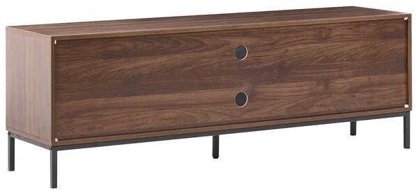 TV stolík tmavohnedá MDF kovové nohy 2 skrinky 2 otvorené police úložný priestor geometrický vzor obývacia izba