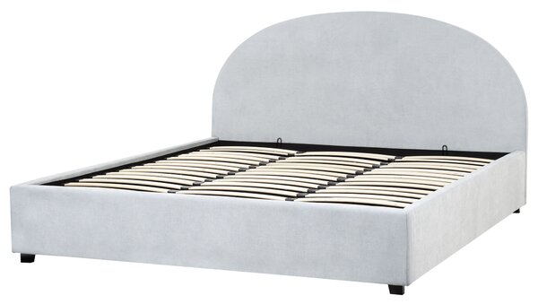 Posteľ s úložným priestorom svetlomodrá čalúnená ženilka 180 x 200 cm zaoblené čelo minimalistický retro dizajn spálňa