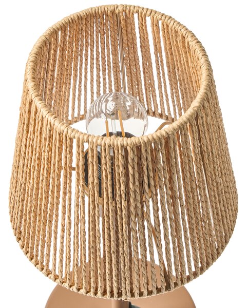 Stolná lampa hnedá tienidlo z papierovej šnúry kovový železný podstavec matný povrch moderný boho štýl obývacia izba spálňa