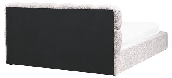 Posteľ svetlobéžová buklé čalúnenie 160 x 200 cm s úložným priestorom s čelom lamelový rošt moderný štýl spálňa