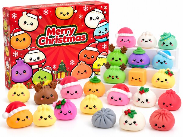 FoxBox Adventný kalendár pre deti Squishy 3D – 24 antistresových stláčacích hračiek, vianočný darček