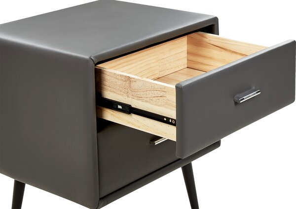 Nočný stolík čalúnený sivá umelá koža s 2 zásuvkami minimalistický moderný dizajn s kovovými nohami