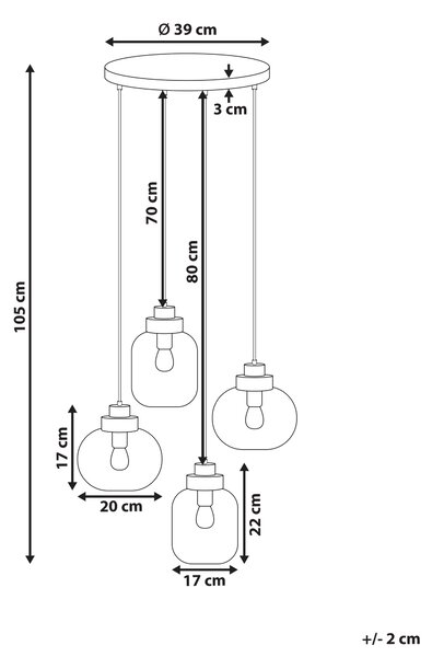 Závesná lampa svetlosivá čierna sklo železo 4 priehľadné tienidlá moderný štýl obývačka jedáleň