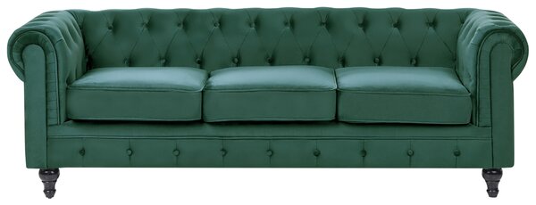 Sedacia súprava chesterfield zelená zamatová čalúnená tmavé drevené nohy 3-miestna pohovka s kreslom moderná