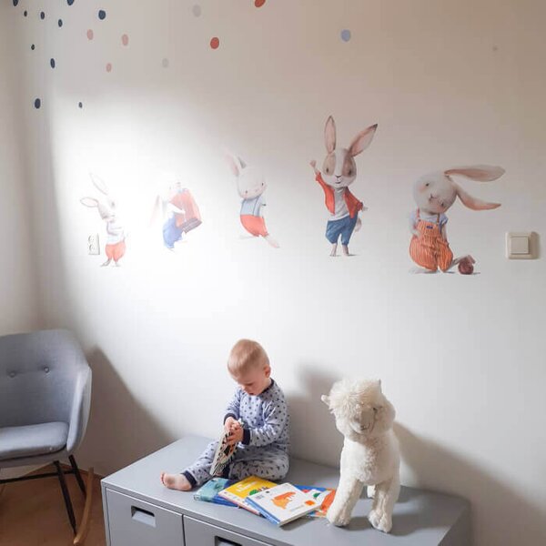 INSPIO-textilná prelepiteľná nálepka - Malí zajkovia z rozprávkova - akvarelové nálepky na stenu