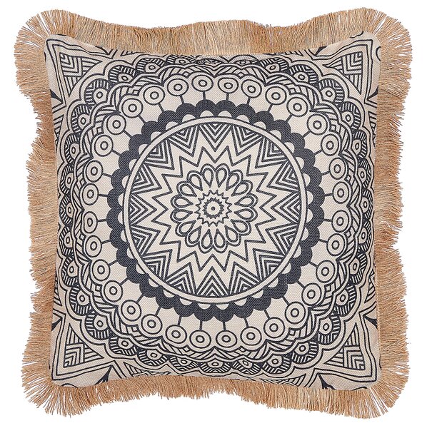 Dekoratívny vankúš béžová a čierna polyesterový poťah 45 x 45 cm boho potlač ozdobné strapce obývacia izba doplnky