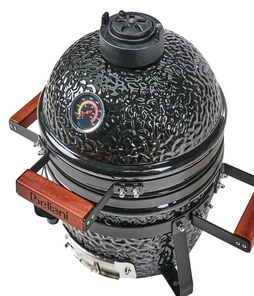 Mini gril na drevené uhlie čierny keramika gril typu Kamado s vekom a teplomerom a roštom na varenie moderný štýl záhrada