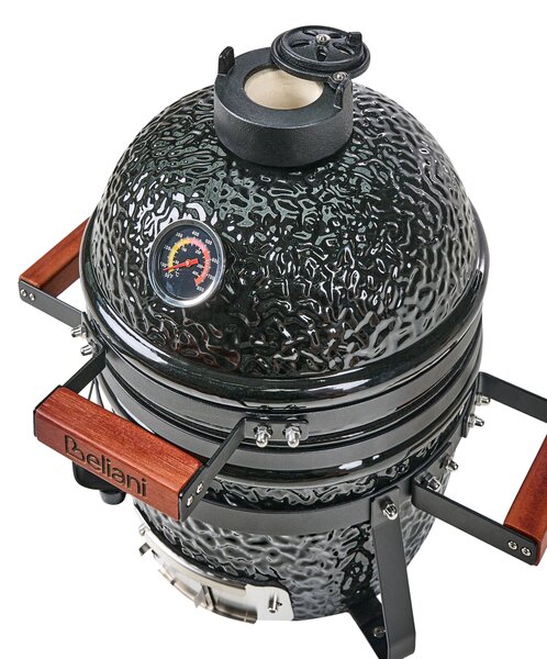 Mini gril na drevené uhlie čierny keramika gril typu Kamado s vekom a teplomerom a roštom na varenie moderný štýl záhrada