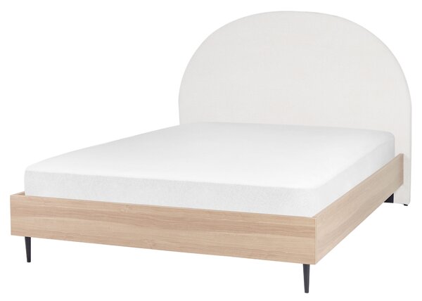 Posteľ biela svetlé drevo polyester 160 x 200 cm čalúnené čelo MDF rám kovové nohy lamelový rošt moderný štýl spálňa
