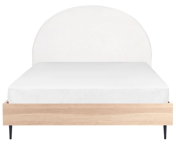 Posteľ biela svetlé drevo polyester 160 x 200 cm čalúnené čelo MDF rám kovové nohy lamelový rošt moderný štýl spálňa