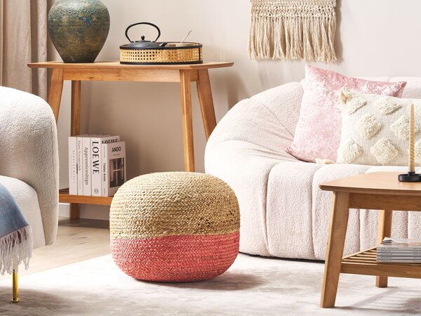 Jutová taburetka prírodná béžová a ružová okrúhla 50 x 35 cm výplň z polystyrénového granulátu boho bytové doplnky