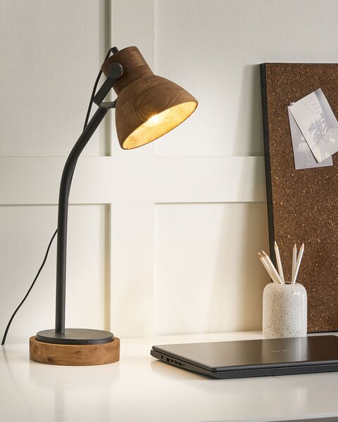 Stolná lampa tmavohnedá mangové drevo s čiernym podstavcom drevené tienidlo klasický dizajn moderné dekorácie osvetlenie