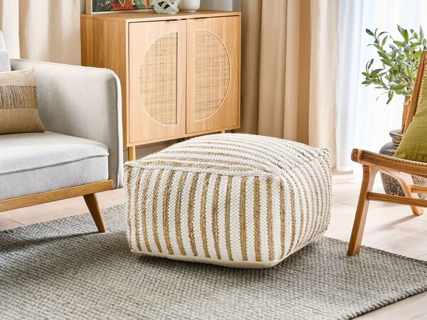 Taburetka béžová a biela 60 x 60 x 30 cm juta polyester bavlna abstraktný vzor štvorcová puf