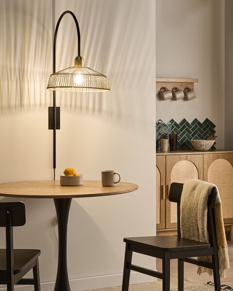 Nástenná lampa prírodná papierový výplet čierna kovová základňa ručná výroba boho štýl obývacia izba spálňa