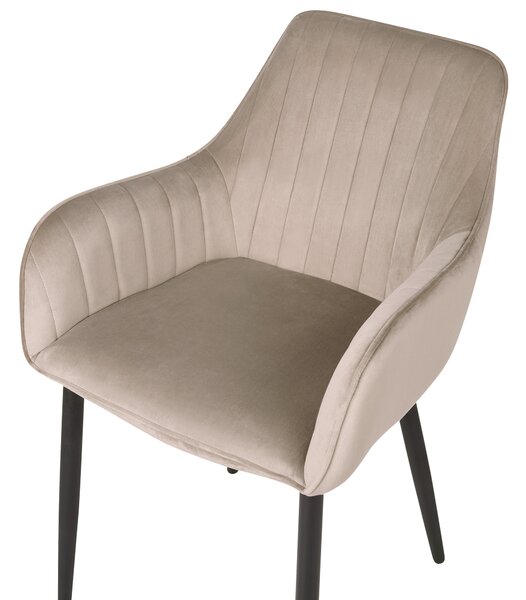 Sada 2 jedálenských stoličiek sivobéžová zamatová opierky rúk čierne kovové nohy retro glamour