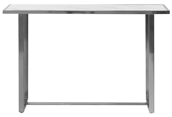 Konzolový stolík biely a strieborný tvrdené sklo oceľ 120 x 40 cm efekt mramoru kovové nohy glamour moderná obývačka predsieň