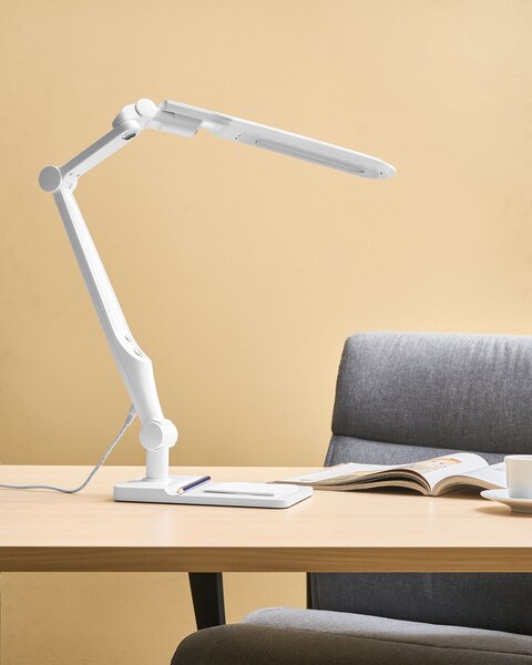 Stolná LED lampa biela syntetický materiál 3 režimy teploty svetla so stmievačom dotyková nastaviteľná otočné tienidlo kancelária