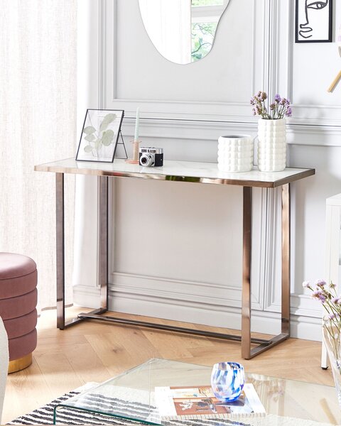 Konzolový stolík biely a strieborný tvrdené sklo oceľ 120 x 40 cm efekt mramoru kovové nohy glamour moderná obývačka predsieň