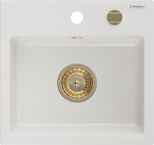Mexen Milo granitový drez 1-komorový 435 x 410 mm, biely, sifón zlatý - 6505441000-20-G