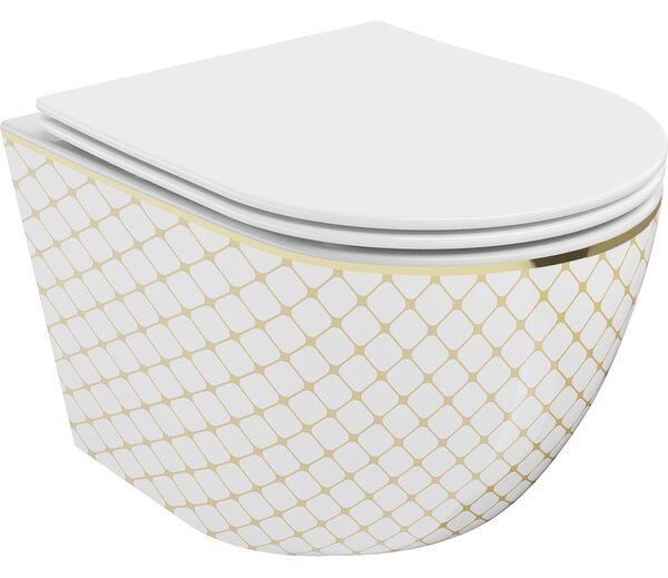 Mexen Lena miska wc Rimless s doskou pomaly uzatvárateľnou slim, duroplast, biela/zlatý vzor kocka - 30224009
