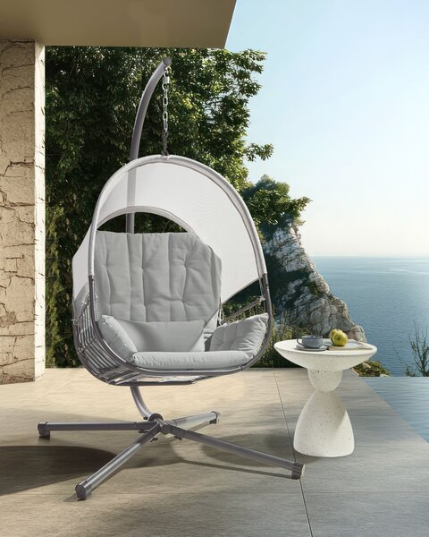 Závesné kreslo so stojanom svetlosivé kov sieťovina so sedacím vankúšom boho rustikálny štýl interiér exteriér