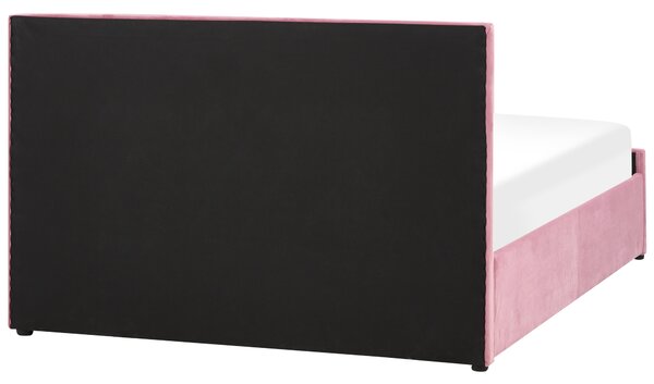 Posteľ s úložným priestorom ružová zamat 140 x 200 cm prešívané čalúnenie s čelom lamelový rošt moderný štýl spálňa