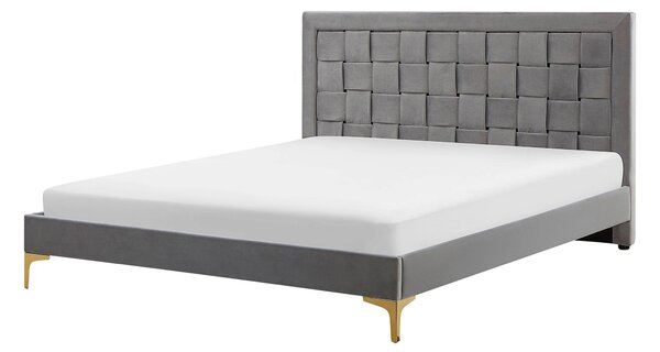 Rám postele 140 x 200 cm sivá zamatové čalúnenie s čelom zlaté nohy spálňa moderný glamour štýl