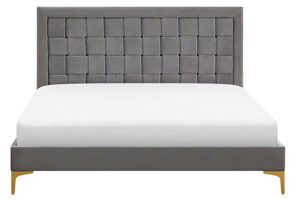 Rám postele 140 x 200 cm sivá zamatové čalúnenie s čelom zlaté nohy spálňa moderný glamour štýl