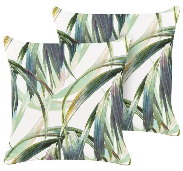 Sada 2 záhradných vankúšov zelená a biela polyester vzor listov 45 x 45 cm moderný štýl vonkajšie dekorácie vodoodolné