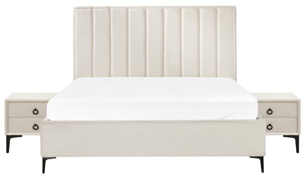 Sada nábytku do spálne krémová biela buklé čalúnenie posteľ s úložným priestorom 180 x 200 cm lamelový rošt 2 nočné stolíky moderný štýl