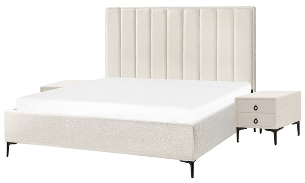 Sada nábytku do spálne krémová biela buklé čalúnenie posteľ s úložným priestorom 180 x 200 cm lamelový rošt 2 nočné stolíky moderný štýl