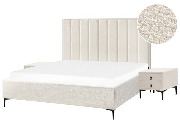 Sada nábytku do spálne krémová biela buklé čalúnenie posteľ s úložným priestorom 180 x 200 cm lamelový rošt 2 nočné stolíky moderný štýl