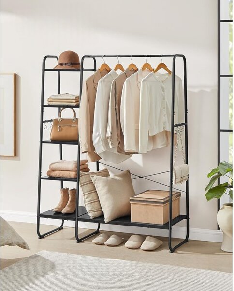 VASAGLE Kovový vešiak na oblečenie s 5+1 policami čierny