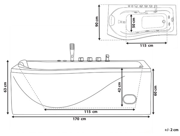 Obdĺžniková vírivá vaňa biela ABS 170 x 90 cm hydromasážne trysky LED svetlá moderná kúpeľňa