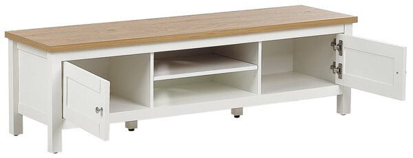 TV stolík biela a svetlé drevo MDF doska 140 cm s policami otvor na káble úložný nábytok do obývacej izby