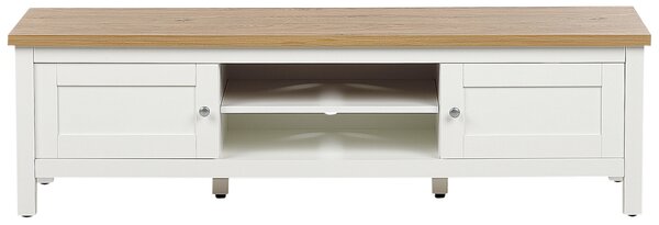 TV stolík biela a svetlé drevo MDF doska 140 cm s policami otvor na káble úložný nábytok do obývacej izby
