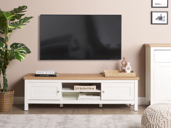 TV stolík biela a svetlé drevo MDF doska 140 cm s policami otvor na káble úložný nábytok do obývacej izby