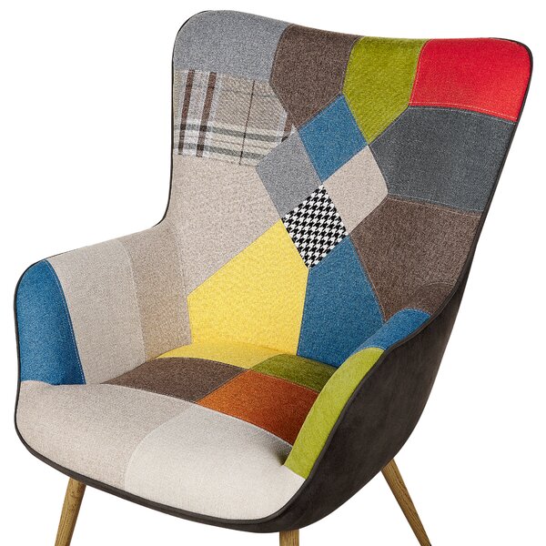 Krídlové kreslo s podnožkou viacfarebné látkové čalúnenie s gombíkmi retro štýl patchwork