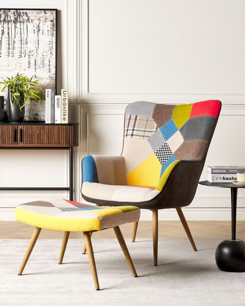 Krídlové kreslo s podnožkou viacfarebné látkové čalúnenie s gombíkmi retro štýl patchwork