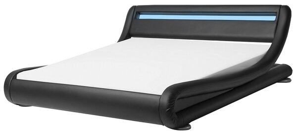 Platformová vodná posteľ čierna eko koža čalúnená s matracom a doplnkami s LED svetlom EU super king size 180 x 200 cm zaoblený dizajn