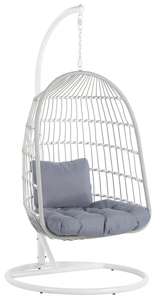 Závesné kreslo s kovovým stojanom biele s výpletom sedací vankúš boho rustikálna terasa balkón obývacia izba