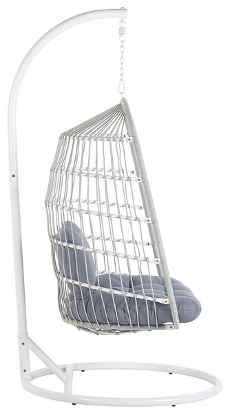 Závesné kreslo s kovovým stojanom biele s výpletom sedací vankúš boho rustikálna terasa balkón obývacia izba