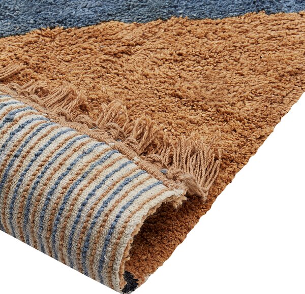 Koberec modrý a hnedý pruhovaný vzor bavlnený 140 x 200 cm so strapcami boho štýl obývacia izba