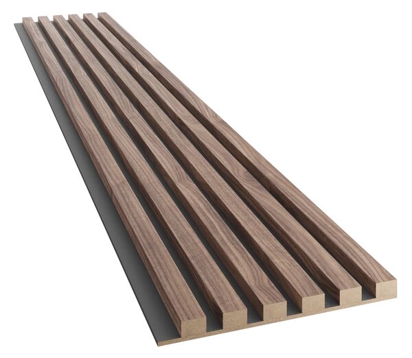 Akustický panel, podklad čierna MDF doska, úzka lamela, dyha americký orech, 30x275 cm