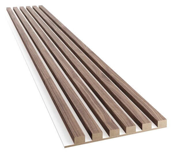 Akustický panel, podklad biela MDF doska, úzka lamela, dyha americký orech, 30x275 cm