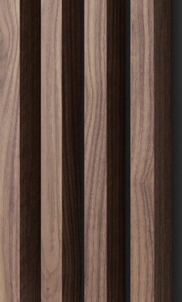 Akustický panel, podklad MDF doska, široká lamela, dyha americký orech, 30x275 cm
